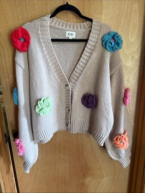 BiBi Beige Cropped Cardigan with Multicolor Knit Flower Appliqués